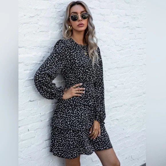 Knox Rose Black and Muted Lavender Floral Long Sleeve Sundress - Picture 1 of 9